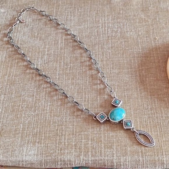 Studio Barse 925 Silver Turquoise Lariat Textured Link Necklace - Picture 2 of 11